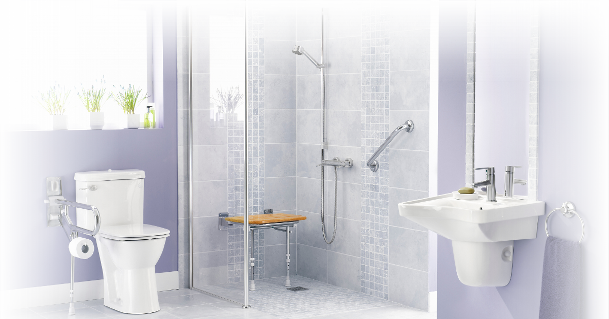 Purple bathroom with accessibility features