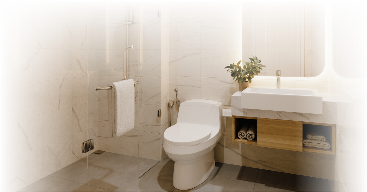 Modern zero-threshold shower with grab bars and accessible toilet.
