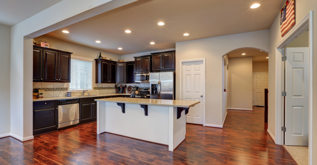 Modern aging-in-place kitchen with wide walkways and accessible features